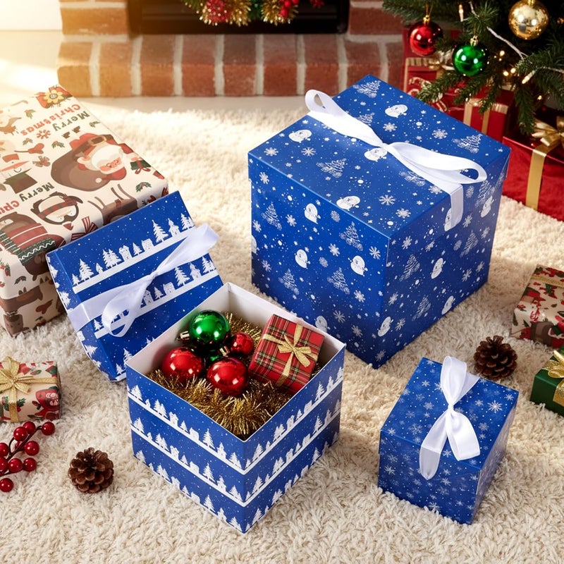 TecUnite 3 Pcs Christmas Stackable Nesting Gift Boxes Decorative Boxes with Lids for Present Wrapping Xmas New Year Holiday Party Xmas Tree Decor(Classic,Blue,White) - Image 2